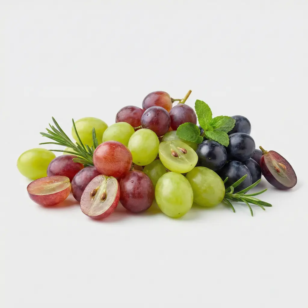 Frische Weintrauben-Mischung aus hellem, rotem und dunklem Tafelobst, garniert mit Rosmarin und Minze, präsentiert von der Bıdı GmbH in Hilden. Als erfahrener Obst-Großhandel mit über 18 Jahren Expertise liefern wir erstklassige Qualität direkt vom Erzeuger. Die Bıdı GmbH bietet über 450 Sorten Obst und Gemüse und versorgt Gastronomie sowie Handel in ganz NRW täglich mit der eigenen Lieferflotte.