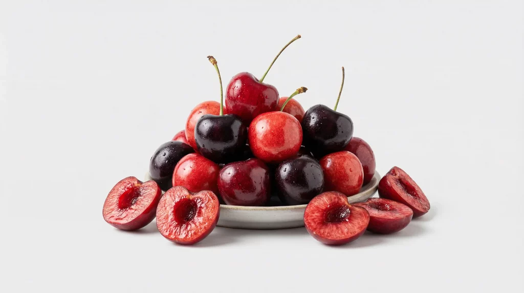 Frische, tiefrote Kirschen, teils mit Stiel und Blättern sowie im Querschnitt mit Kern, präsentiert von der Bıdı GmbH in Hilden. Als erfahrener Obst-Großhandel liefern wir erstklassige Steinobst-Qualität direkt vom Erzeuger an Gastronomie und Handel in ganz NRW. Mit über 18 Jahren Expertise garantieren wir tägliche Frische und eine zuverlässige Logistik für unser Sortiment von über 450 Obst- und Gemüsesorten.