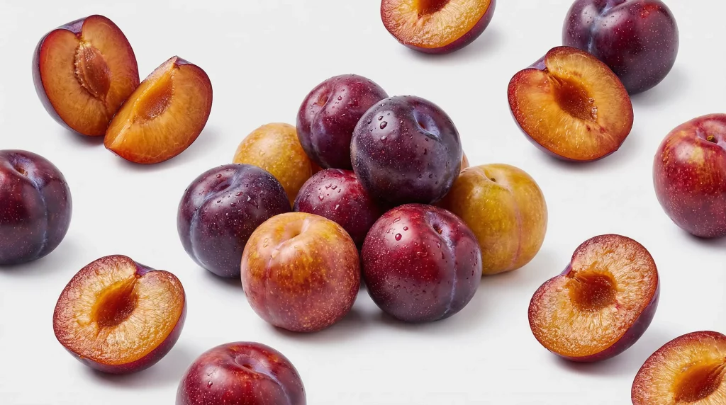 Frische, dunkelviolette Pflaumen, ganz und halbiert mit sichtbarem Kern, präsentiert von der Bıdı GmbH in Hilden. Als erfahrener Obst-Großhandel liefern wir erstklassige Steinobst-Qualität direkt vom Erzeuger an Gastronomie und Handel in ganz NRW. Mit über 18 Jahren Branchenexpertise garantieren wir tägliche Frische und eine zuverlässige Logistik für unser Sortiment von über 450 Obst- und Gemüsesorten.