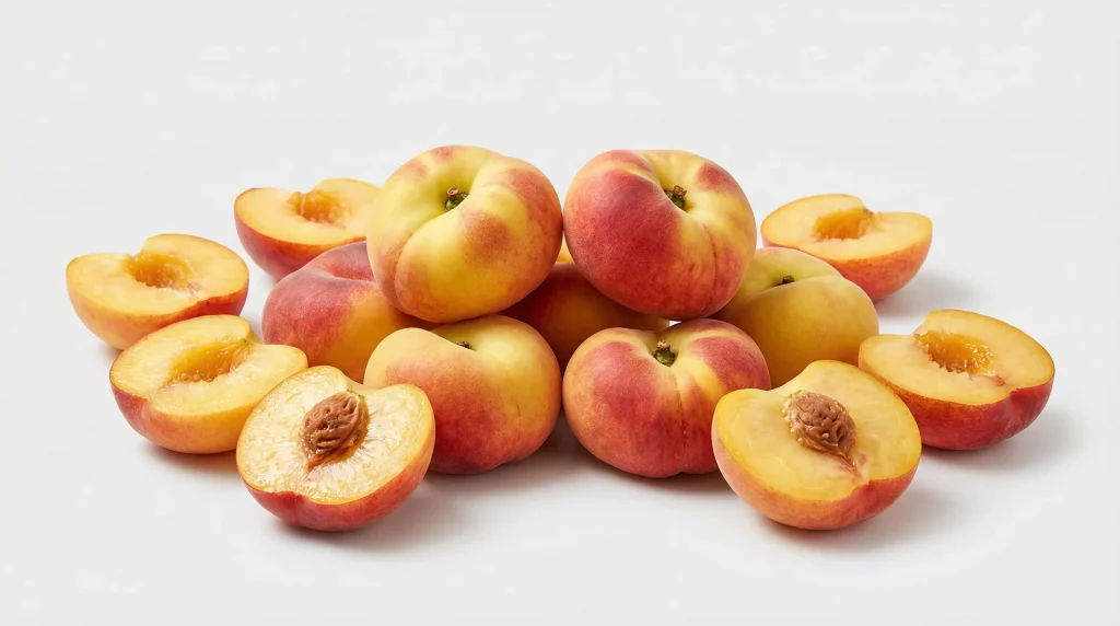 Frische Plattpfirsiche (Wildpfirsiche), ganz und halbiert mit sichtbarem Kern, präsentiert von der Bıdı GmbH in Hilden. Als erfahrener Obst-Großhandel liefern wir diese aromatische Sommerspezialität direkt vom Erzeuger an Gastronomie und Handel in ganz NRW. Mit über 18 Jahren Expertise garantieren wir tägliche Frische und eine zuverlässige Logistik für unser Sortiment von über 450 Obst- und Gemüsesorten.