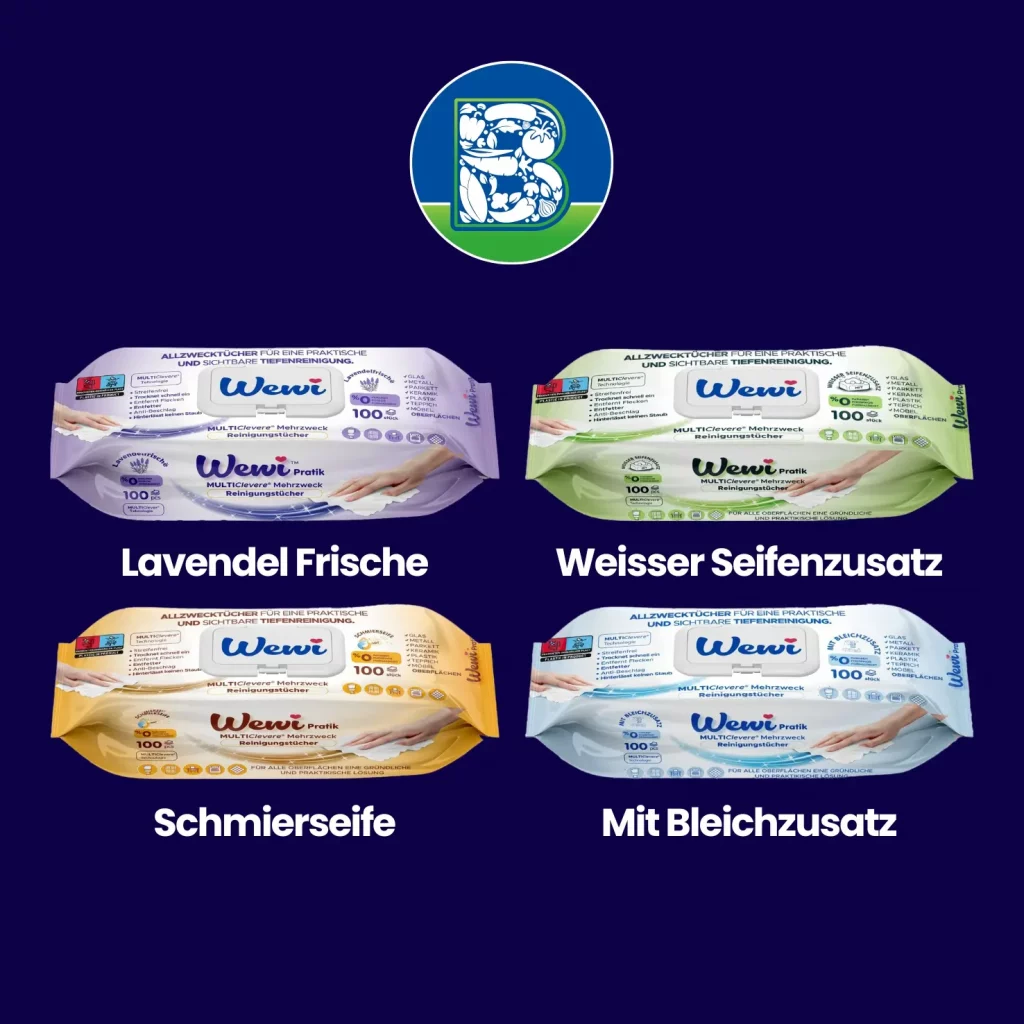 alle vier sorten von den Wewi Allzecktüchern (Lavendel Frische, Weisser Seifenzusatz, Schmierseife und mit Bleichzusatz).
