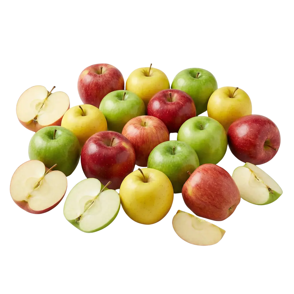 Eine Auswahl knackiger Äpfel in verschiedenen Sorten – von klassisch rot über goldgelb bis hin zu spritzig-grün (Granny Smith), ganz und in appetitlichen Spalten präsentiert von der Bıdı GmbH in Hilden. Als erfahrener Obst-Großhandel liefern wir erstklassige Apfel-Qualität direkt vom Erzeuger an Gastronomie und Handel in ganz NRW. Mit über 18 Jahren Expertise garantieren wir tägliche Frische und eine zuverlässige Lieferung unserer über 450 Obst- und Gemüsesorten.