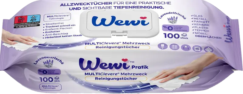 Wewi feuchte Mehrzwecktücher Lavendelfrische – Einzelne 100er Packung Allzwecktücher für Haushalt und Oberflächen