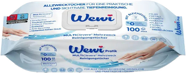 Wewi feuchte Mehrzwecktücher mit Bleichzusatz – Einzelne 100er Packung Allzwecktücher für Haushalt und Oberflächen