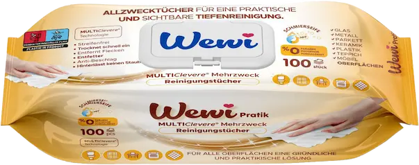 Wewi feuchte Mehrzwecktücher Schmierseife – Einzelne 100er Packung Allzwecktücher für Haushalt und Oberflächen