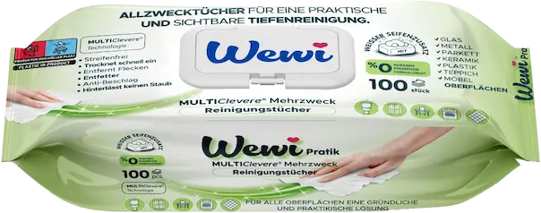 Wewi feuchte Mehrzwecktücher Weisser Seifenzusatz – Einzelne 100er Packung Allzwecktücher für Haushalt und Oberflächen